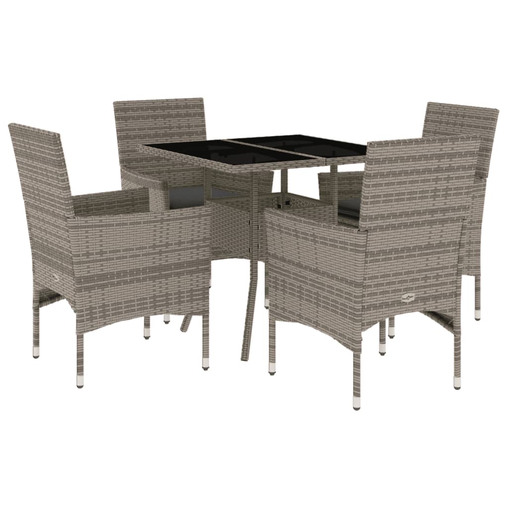 5-delige Tuinset met kussens poly rattan en glas grijs