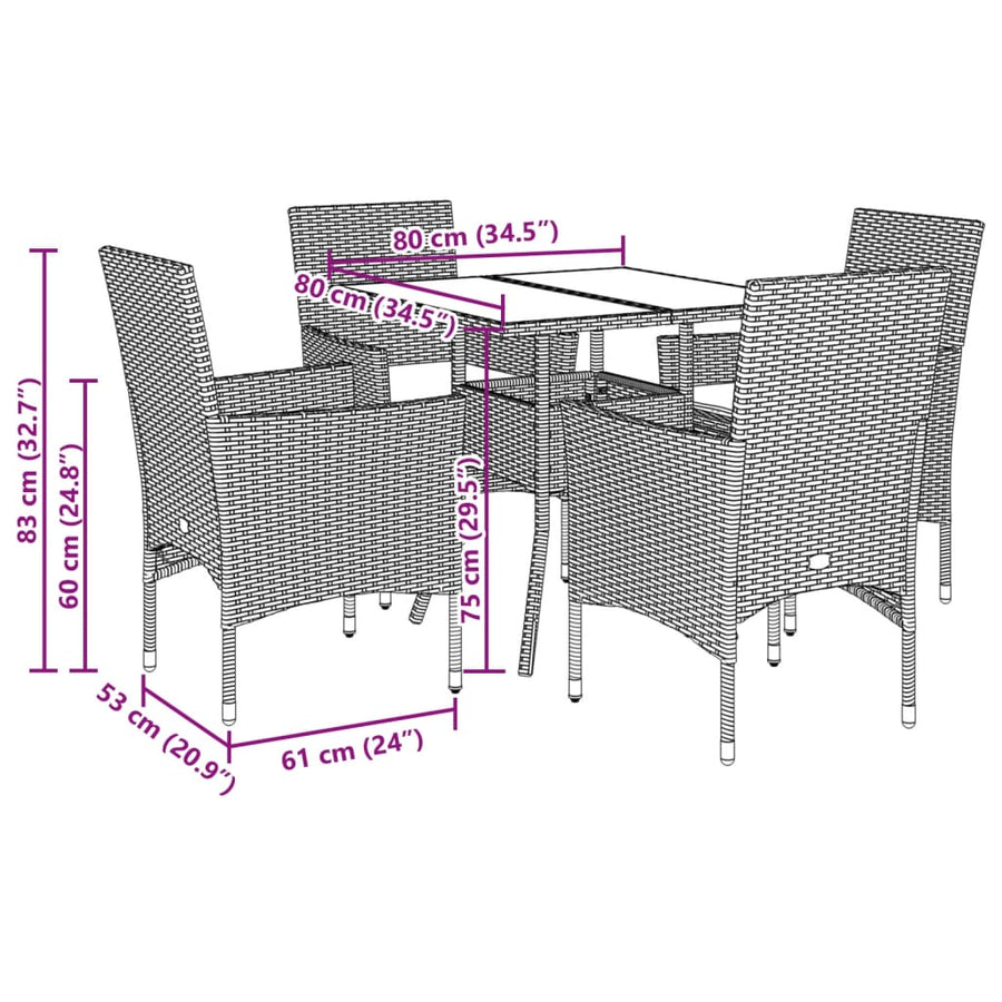 5-delige Tuinset met kussens poly rattan en glas grijs