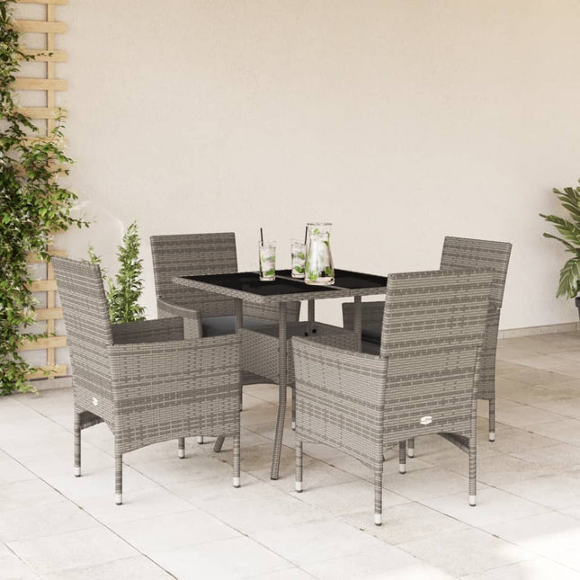 5-delige Tuinset met kussens poly rattan en glas grijs