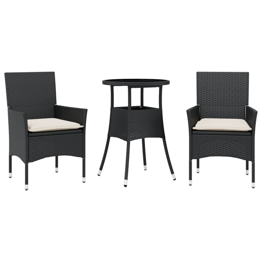 3-delige Tuinset met kussens poly rattan en glas zwart