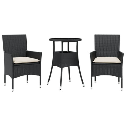 3-delige Tuinset met kussens poly rattan en glas zwart