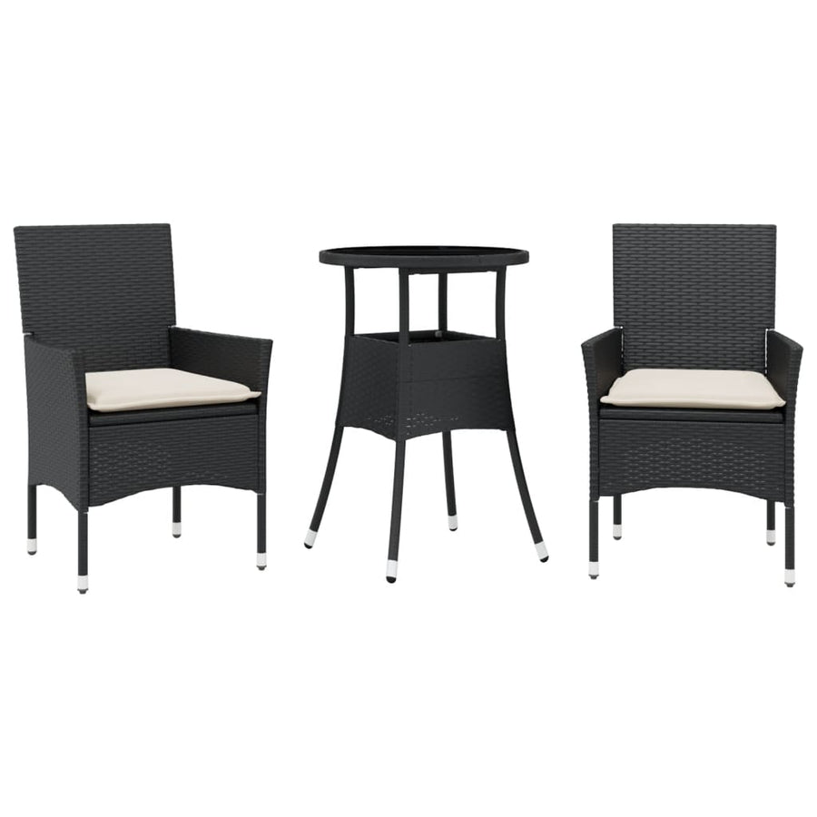 3-delige Tuinset met kussens poly rattan en glas zwart