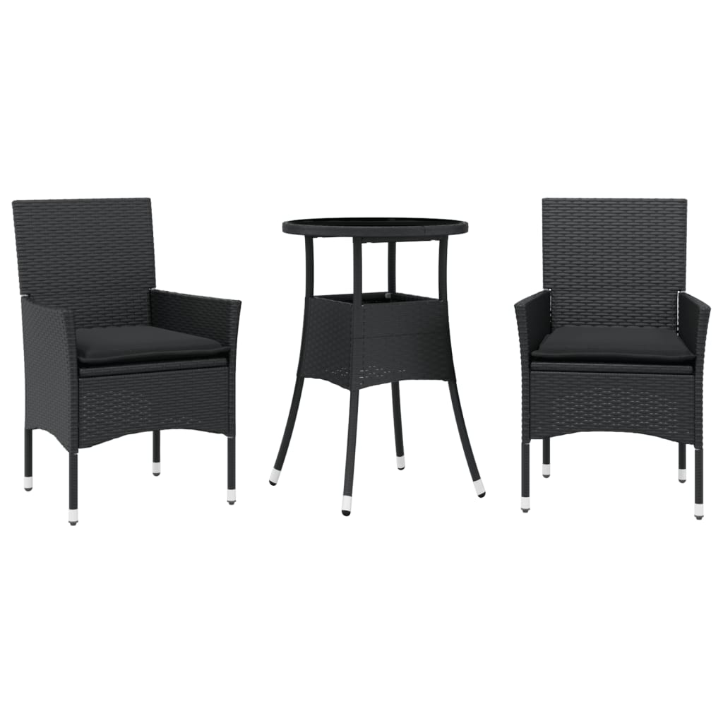 3-delige Tuinset met kussens poly rattan en glas zwart