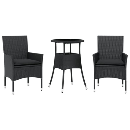 3-delige Tuinset met kussens poly rattan en glas zwart