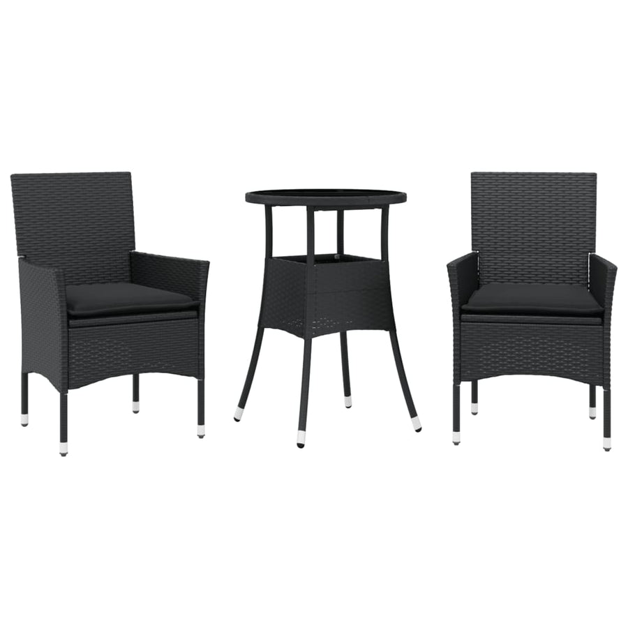 3-delige Tuinset met kussens poly rattan en glas zwart