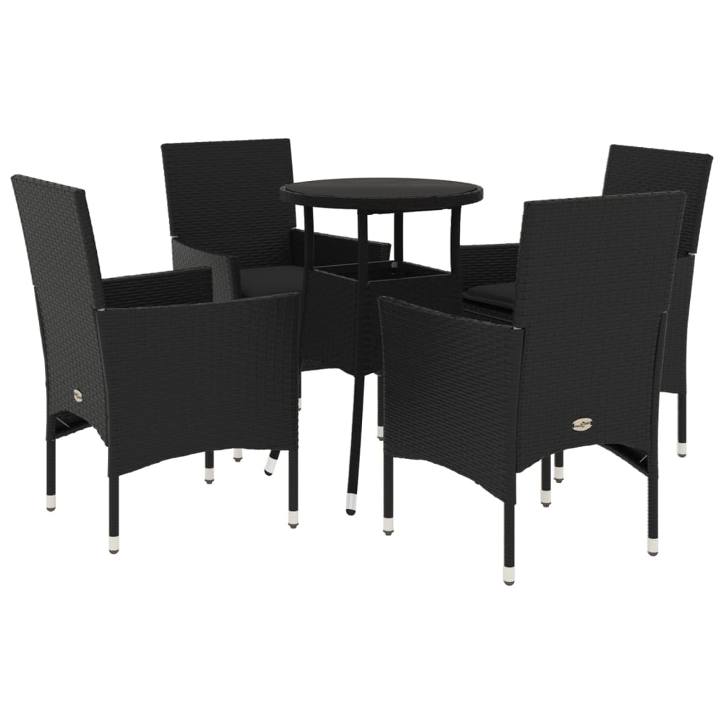5-delige Tuinset met kussens poly rattan en glas zwart