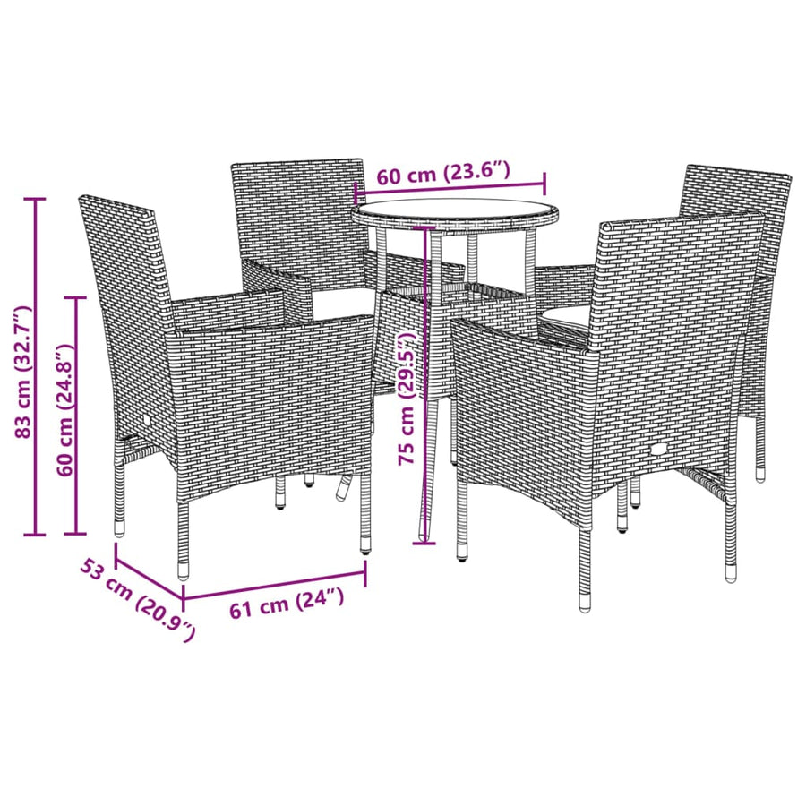 5-delige Tuinset met kussens poly rattan en glas zwart