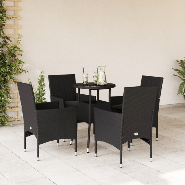 5-delige Tuinset met kussens poly rattan en glas zwart