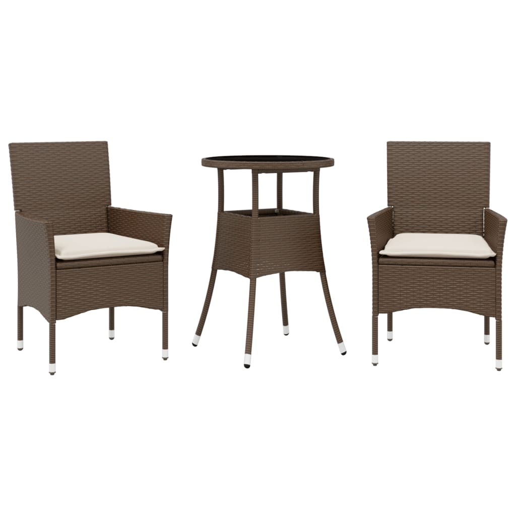 3-delige Tuinset met kussens poly rattan en glas bruin