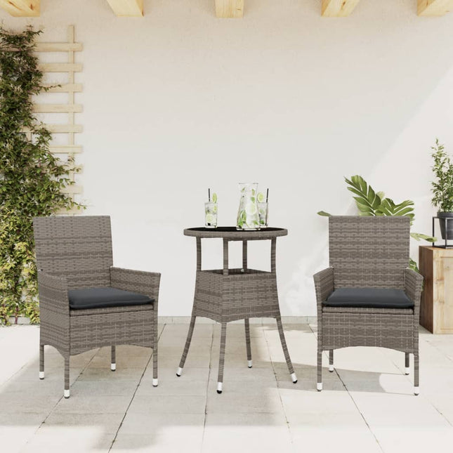 3-delige Tuinset met kussens poly rattan en glas grijs