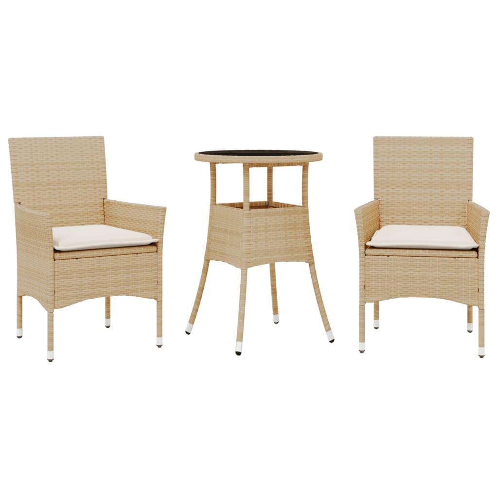 3-delige Tuinset met kussens poly rattan en glas beige