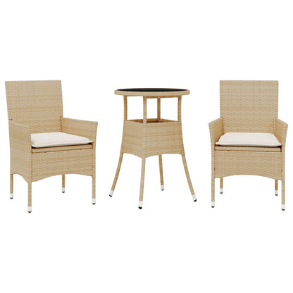 3-delige Tuinset met kussens poly rattan en glas beige