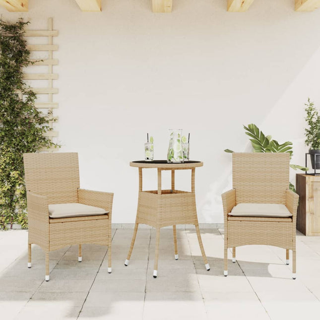 3-delige Tuinset met kussens poly rattan en glas beige