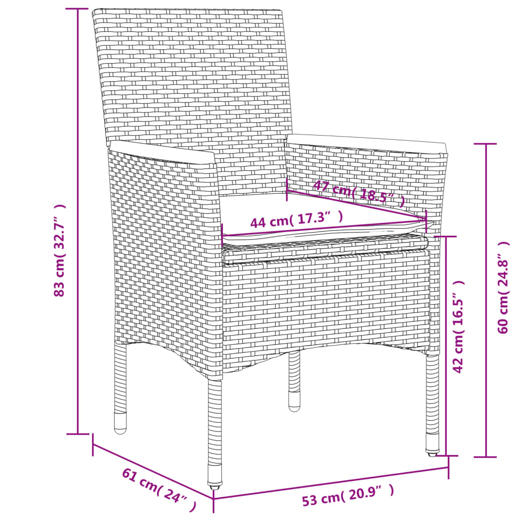 3-delige Tuinset met kussens poly rattan en acaciahout zwart