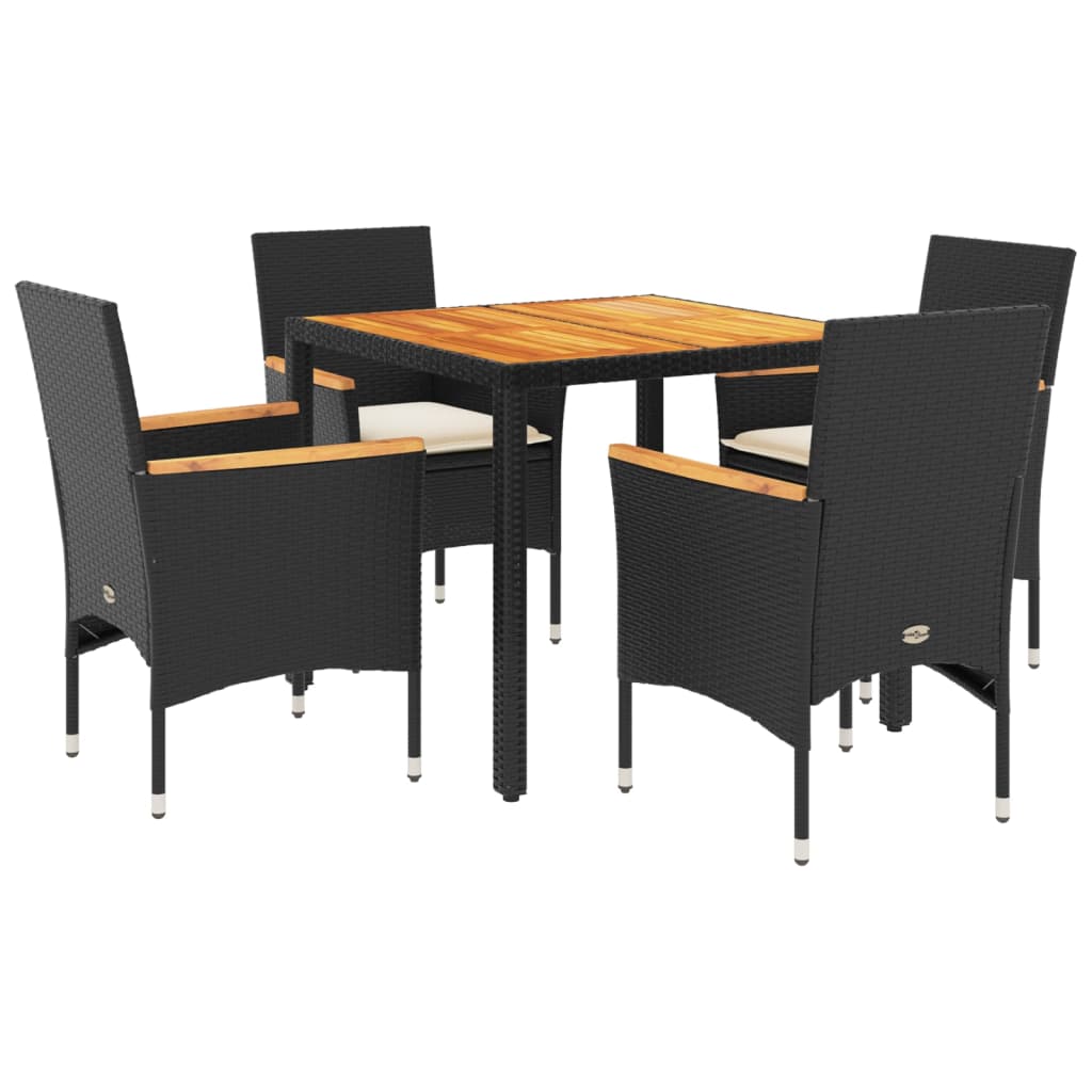 5-delige Tuinset met kussens poly rattan en acaciahout zwart