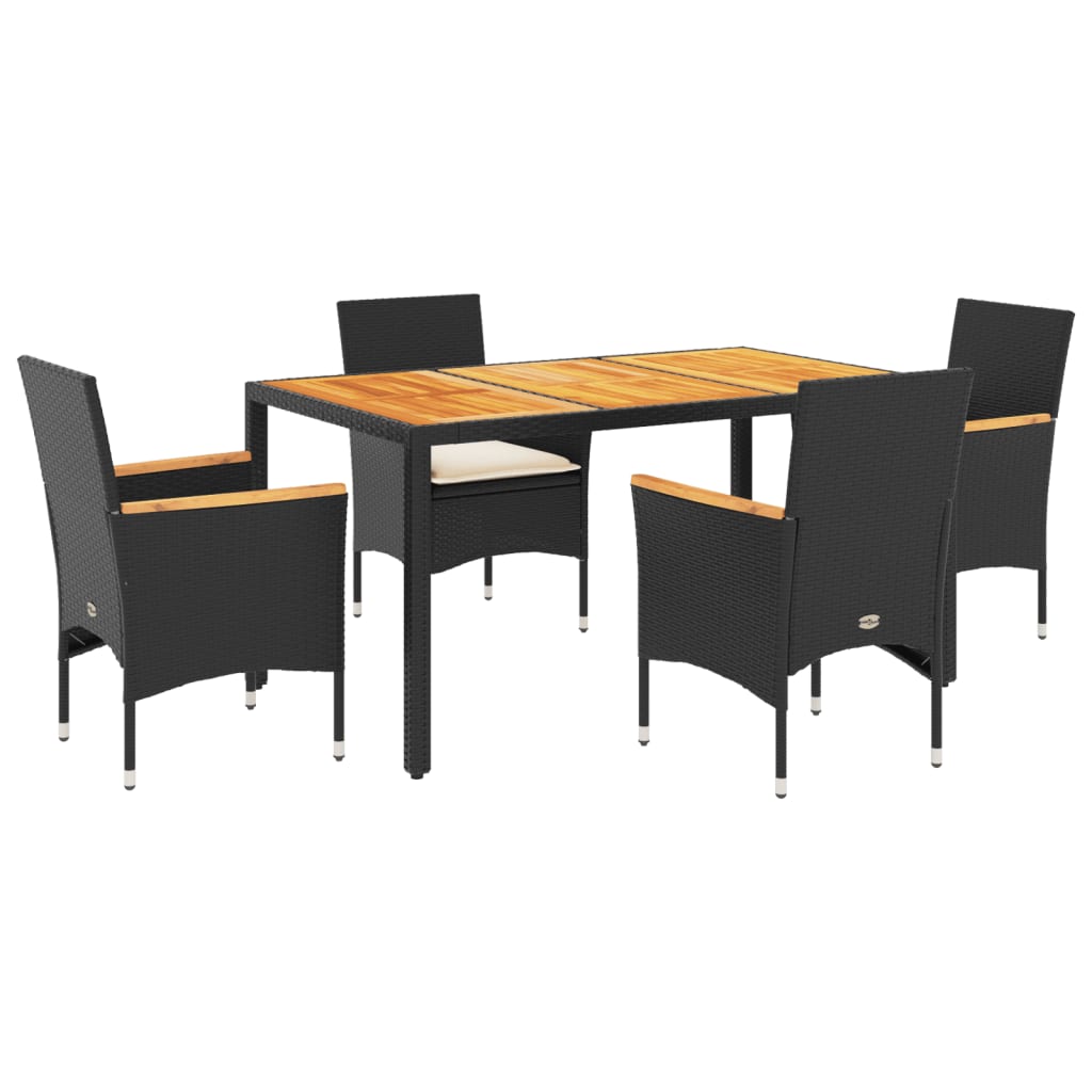 5-delige Tuinset met kussens poly rattan en acaciahouta zwart