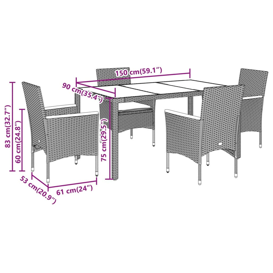 5-delige Tuinset met kussens poly rattan en acaciahouta zwart