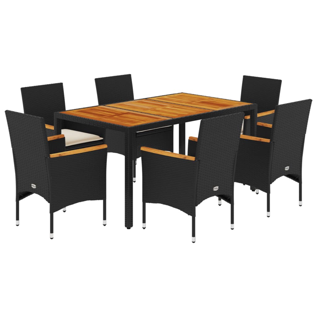 7-delige Tuinset met kussens poly rattan en acaciahout zwart