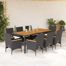 9-delige Tuinset met kussens poly rattan en acaciahout zwart