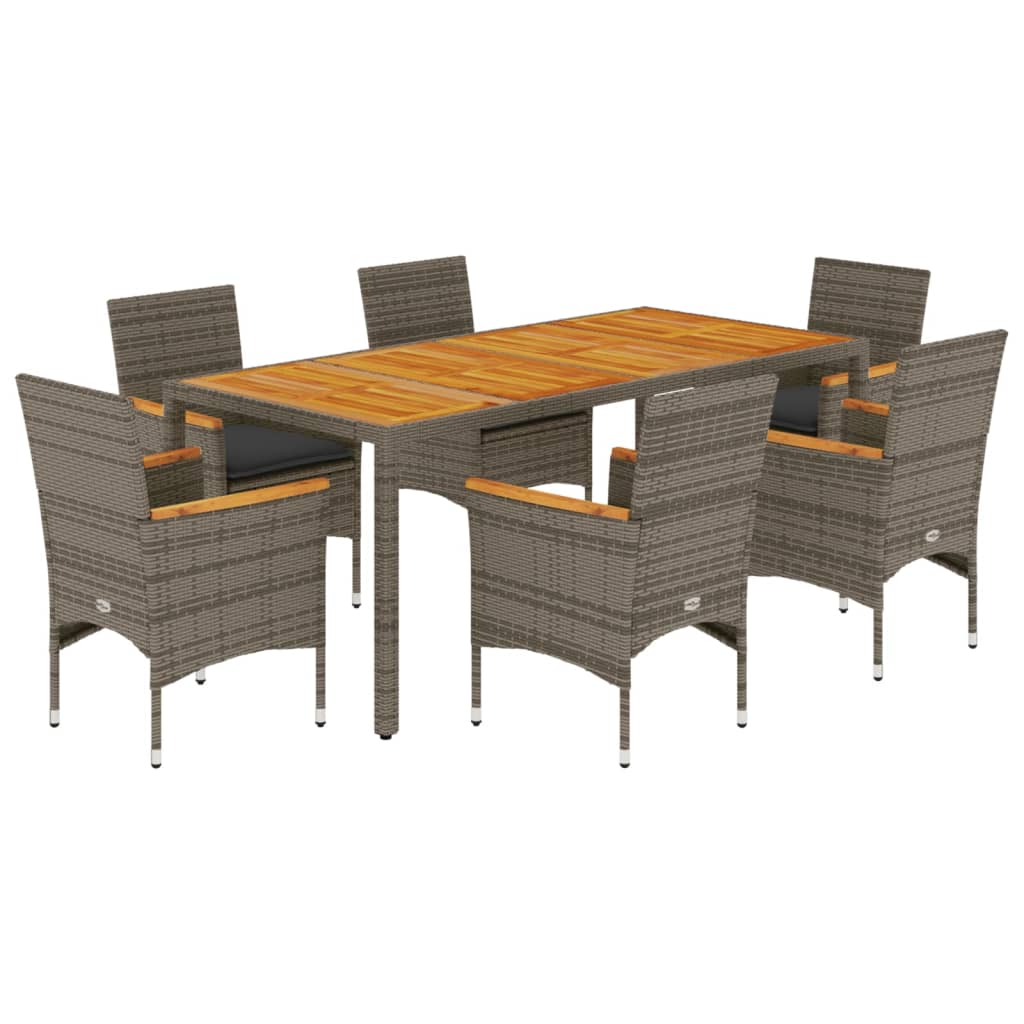 7-delige Tuinset met kussens poly rattan en acaciahout grijs