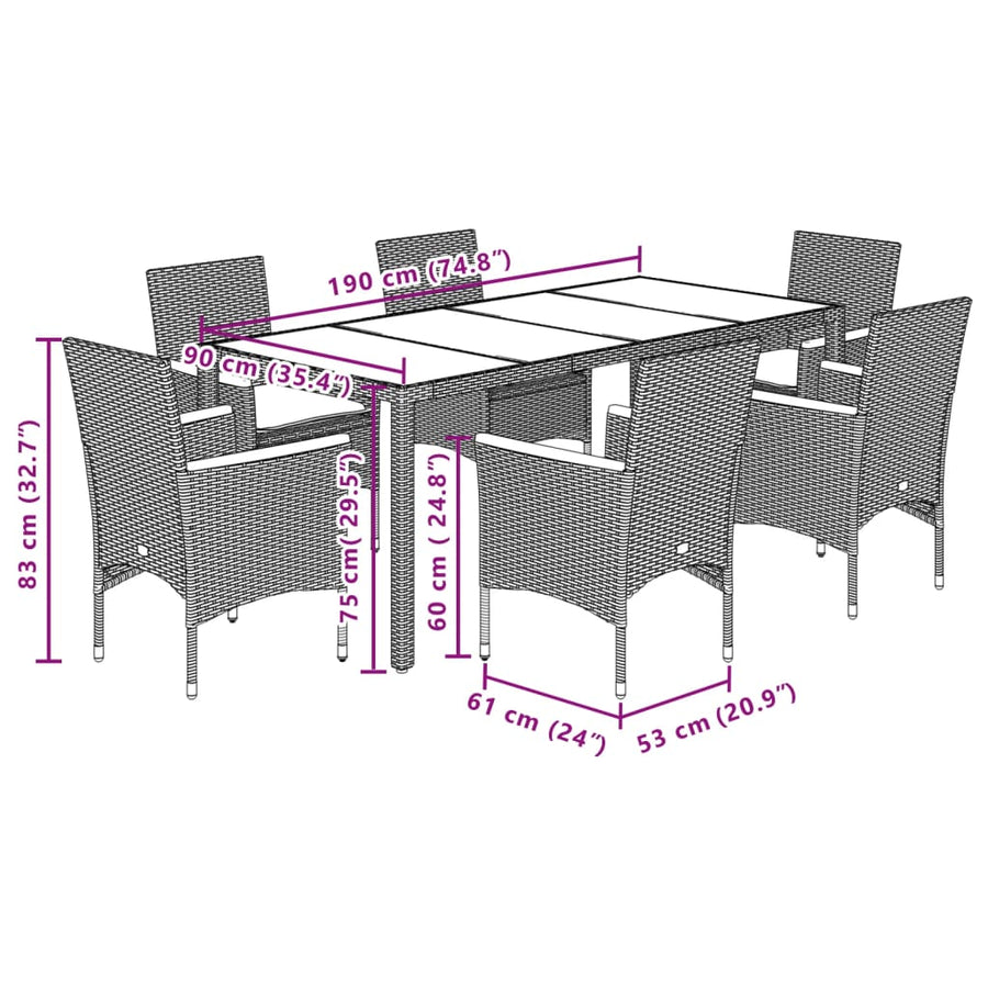 7-delige Tuinset met kussens poly rattan en acaciahout grijs