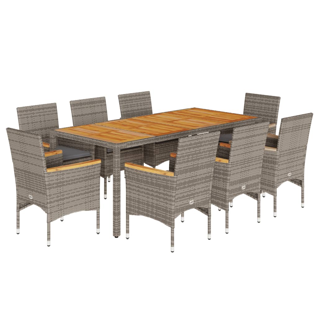 9-delige Tuinset met kussens poly rattan en acaciahout grijs