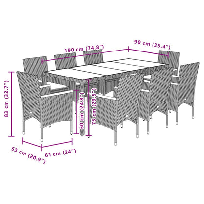 9-delige Tuinset met kussens poly rattan en acaciahout grijs