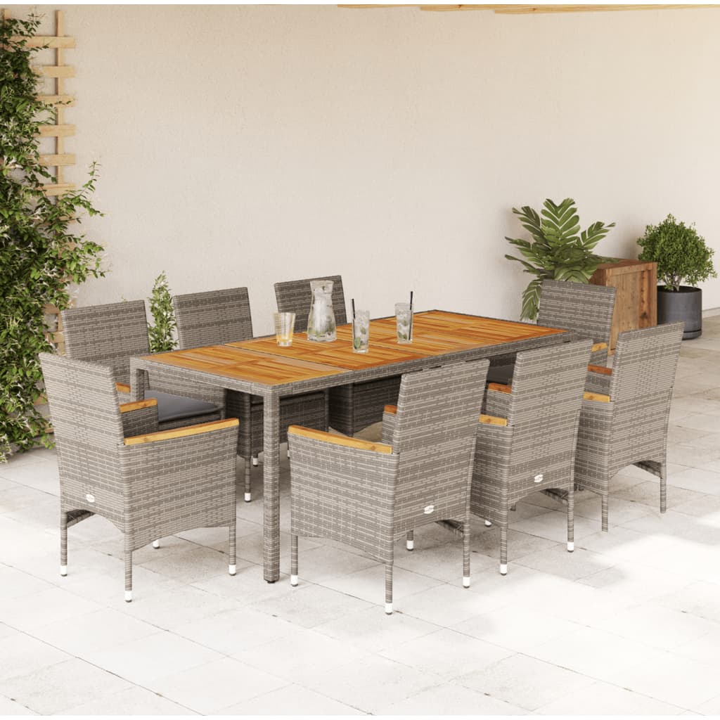 9-delige Tuinset met kussens poly rattan en acaciahout grijs