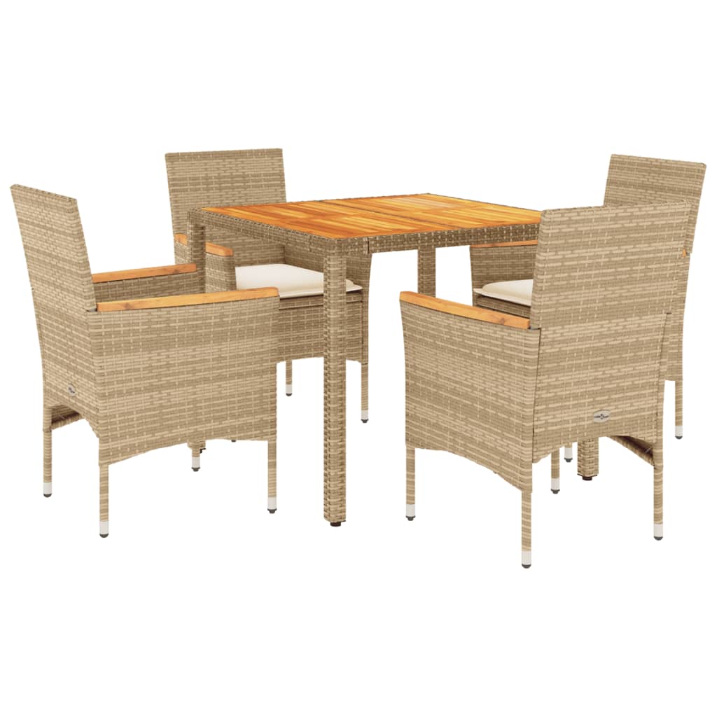 5-delige Tuinset met kussens poly rattan en acaciahout beige