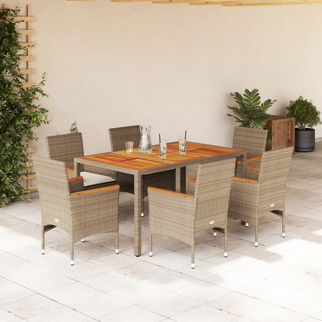 7-delige Tuinset met kussens poly rattan en acaciahout beige