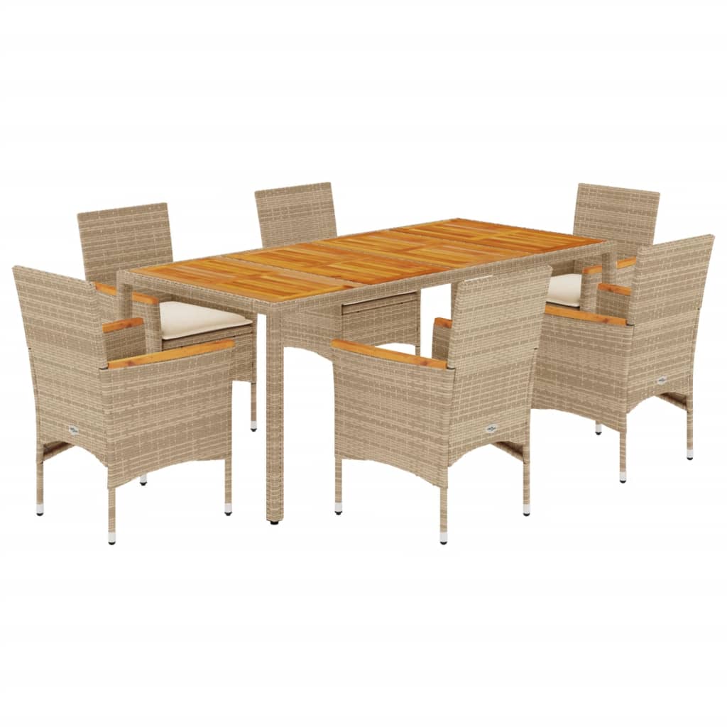 7-delige Tuinset met kussens poly rattan en acaciahout beige