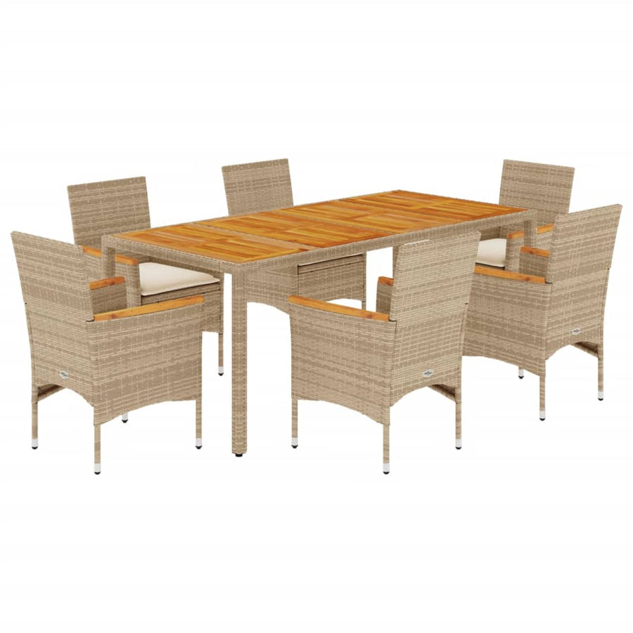 7-delige Tuinset met kussens poly rattan en acaciahout beige