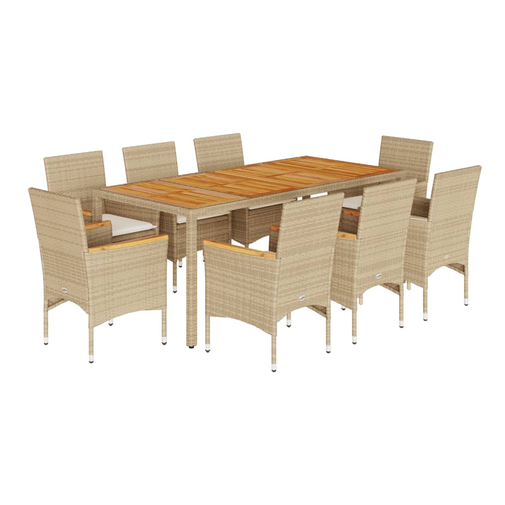 9-delige Tuinset met kussens poly rattan en acaciahout beige