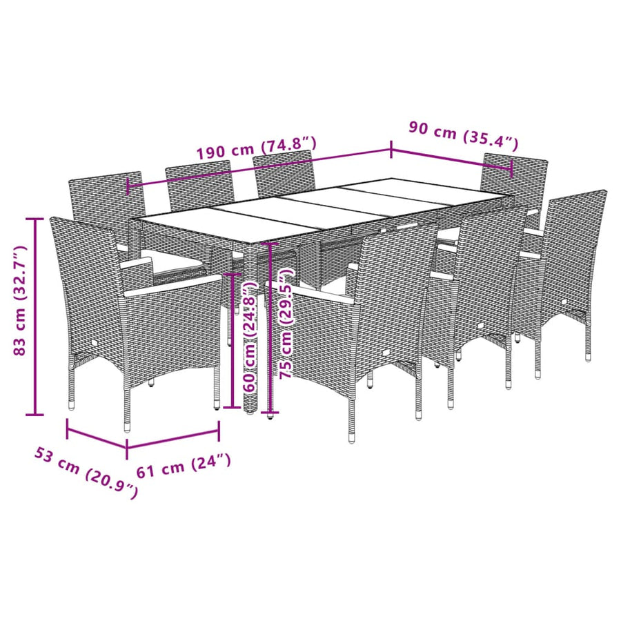 9-delige Tuinset met kussens poly rattan en acaciahout beige