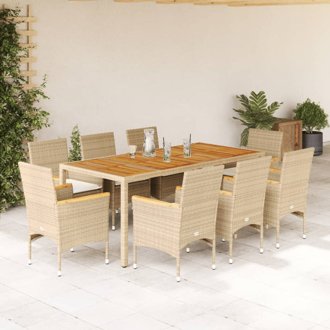 9-delige Tuinset met kussens poly rattan en acaciahout beige