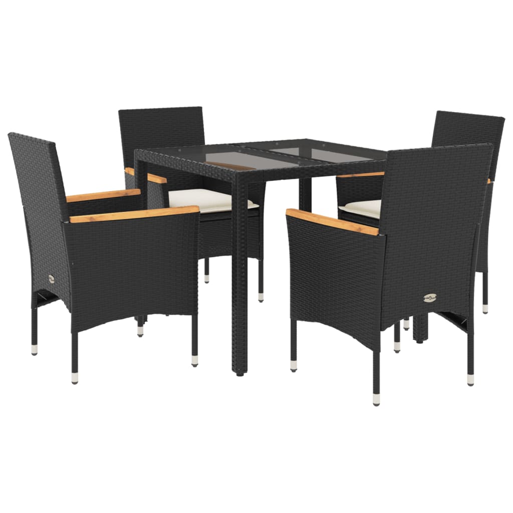 5-delige Tuinset met kussens poly rattan en glas zwart
