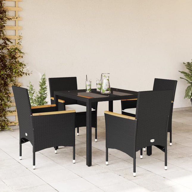 5-delige Tuinset met kussens poly rattan en glas zwart