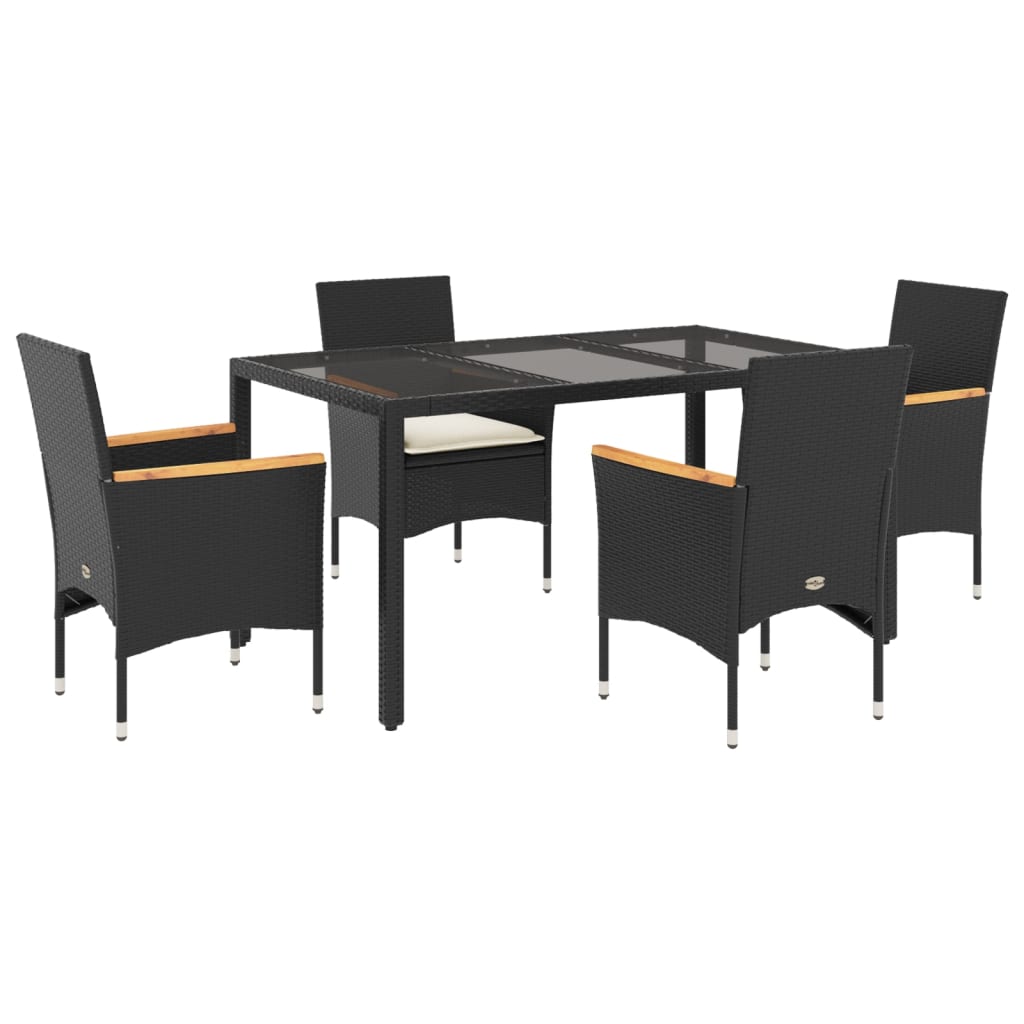 5-delige Tuinset met kussens poly rattan en glas zwart