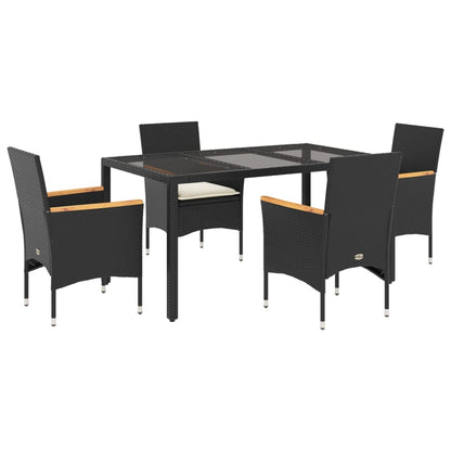 5-delige Tuinset met kussens poly rattan en glas zwart