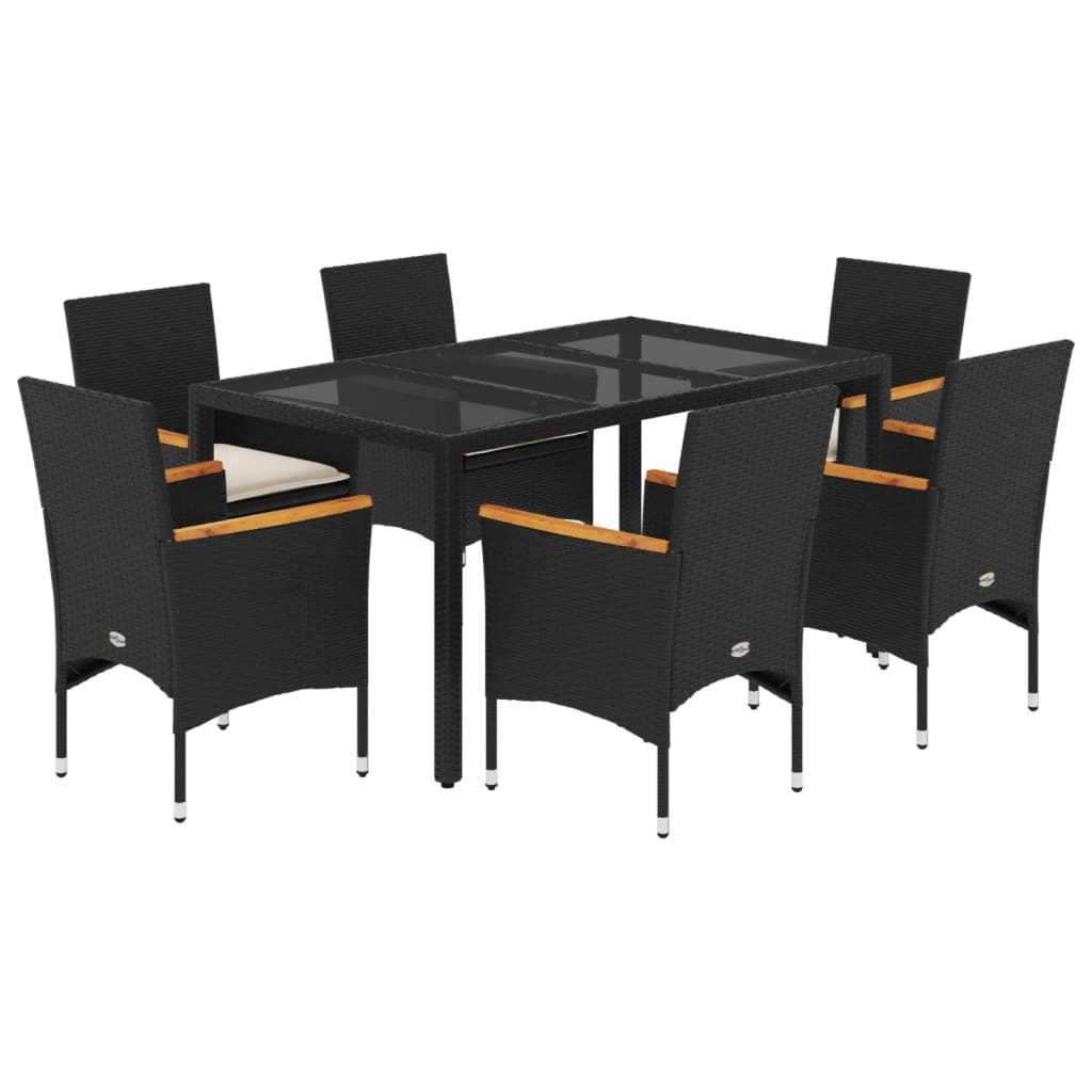 7-delige Tuinset met kussens poly rattan en acaciahout zwart