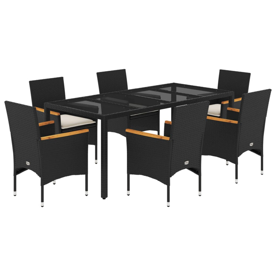 7-delige Tuinset met kussens poly rattan en acaciahout zwart