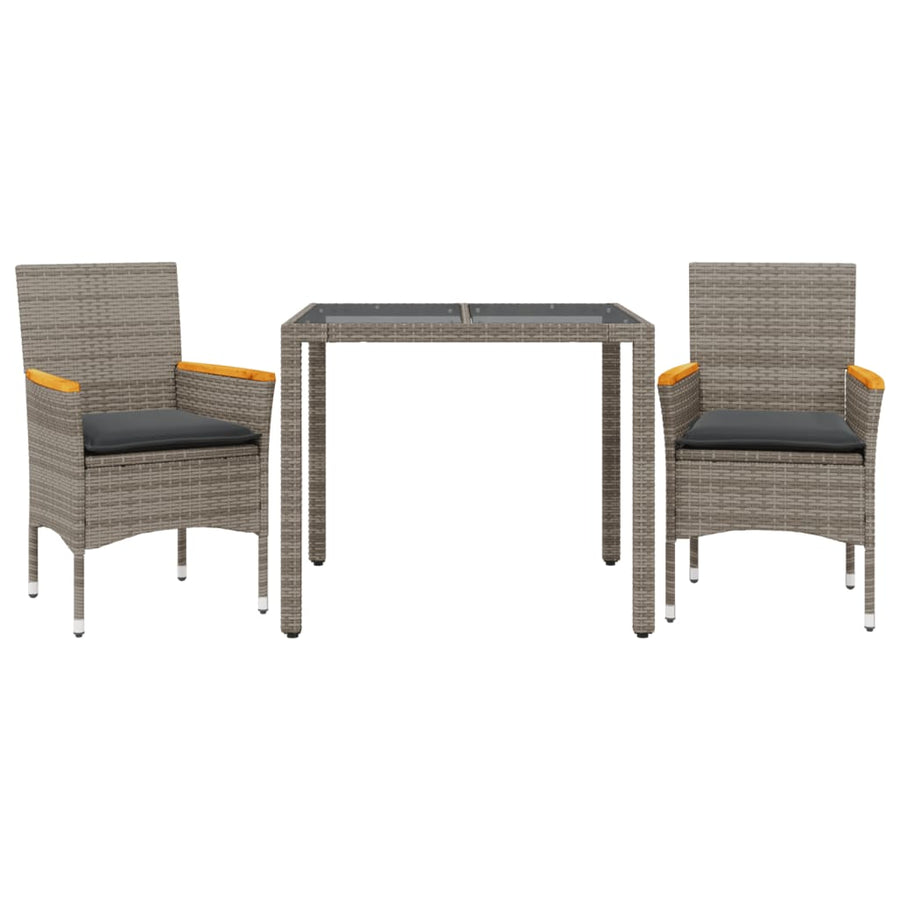 3-delige Tuinset met kussens poly rattan en glas grijs