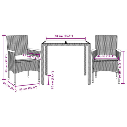 3-delige Tuinset met kussens poly rattan en glas grijs