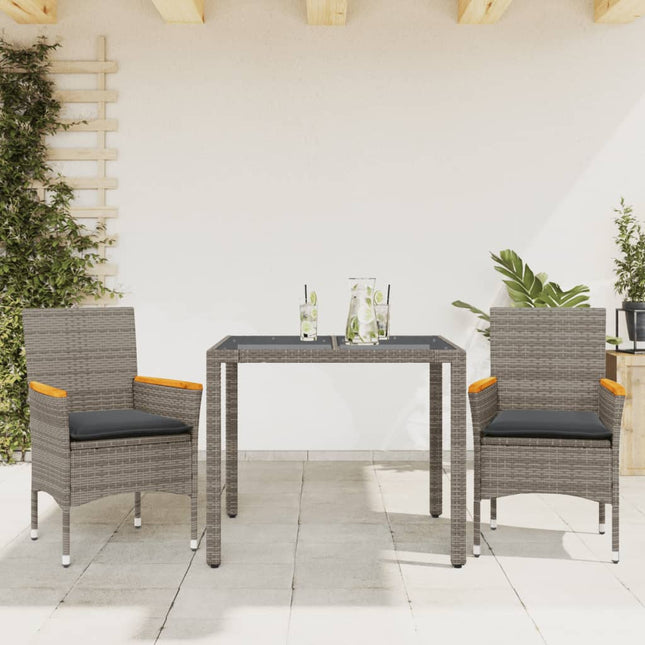 3-delige Tuinset met kussens poly rattan en glas grijs