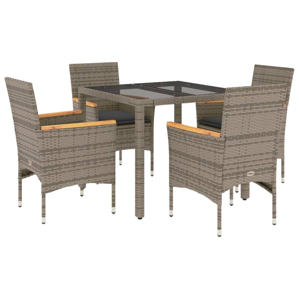 5-delige Tuinset met kussens poly rattan en glas grijs