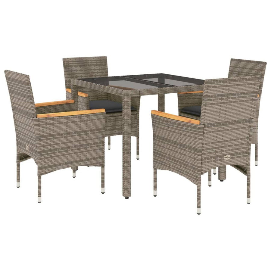 5-delige Tuinset met kussens poly rattan en glas grijs