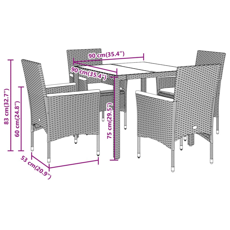 5-delige Tuinset met kussens poly rattan en glas grijs