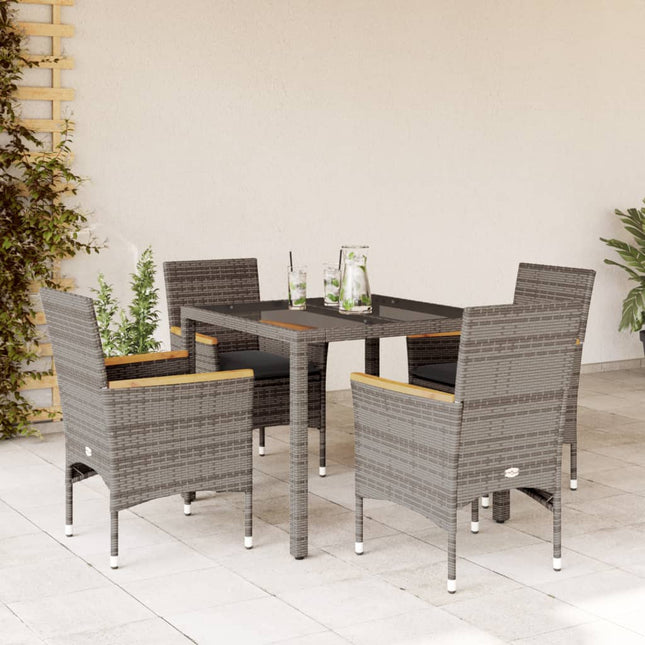 5-delige Tuinset met kussens poly rattan en glas grijs