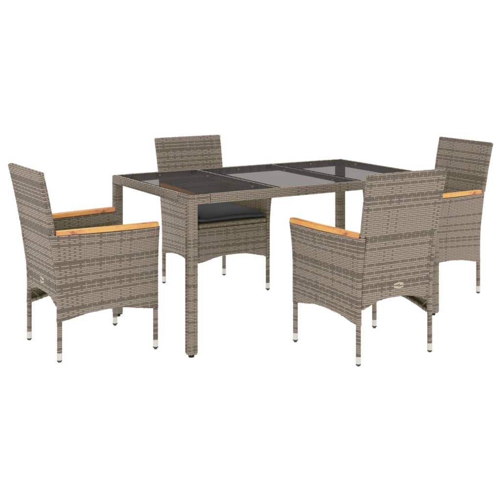 5-delige Tuinset met kussens poly rattan en glas grijs