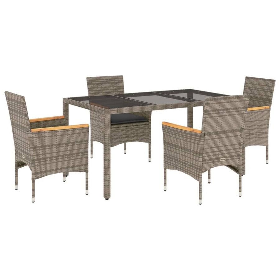 5-delige Tuinset met kussens poly rattan en glas grijs